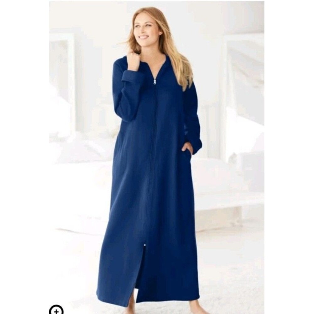 New Women's Long Fleece Hooded Zip Front Navy Robe Plus Sz 5x 38 40 Dreams & Co